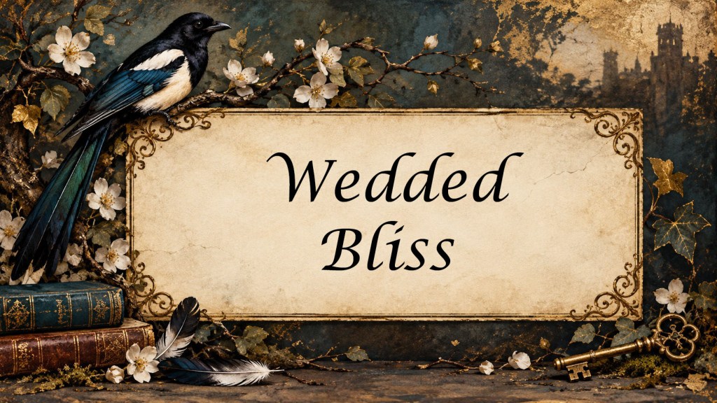 A magpie perched upon a sign that says Wedded Bliss